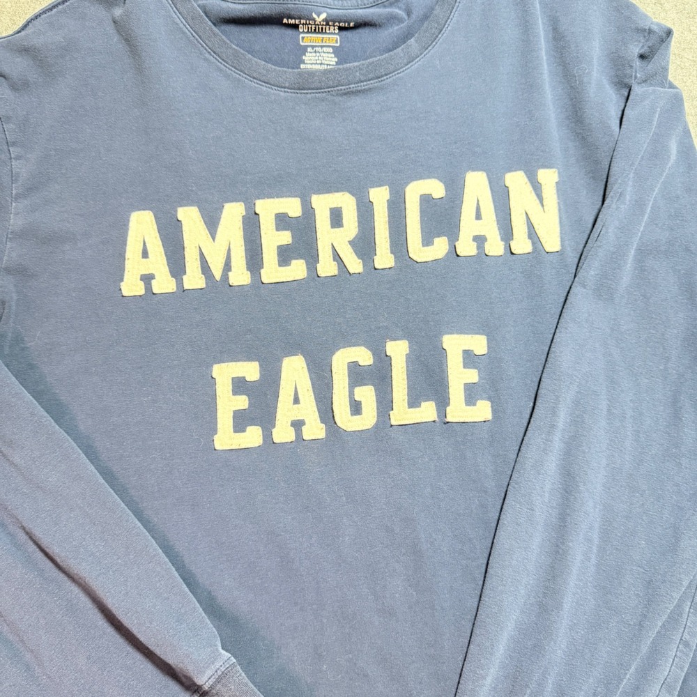 VTG American Eagle Active Flex Long Sleeve Graphic T-Shirt Blue XL Applique Logo